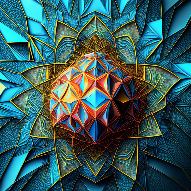 Symmetrical Blue and Gold Fractal Digital Image with 3D Illusion