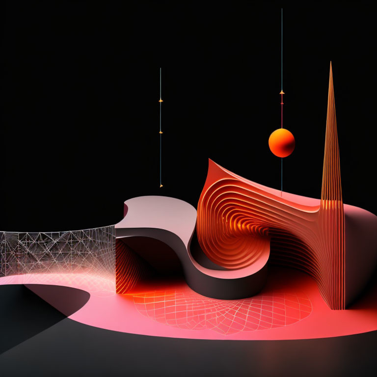 Abstract 3D artwork: Smooth shapes, wireframe, orbs on dark background, red-orange palette