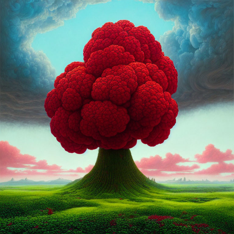 Surreal landscape with red brain-like tree canopy and blue sky