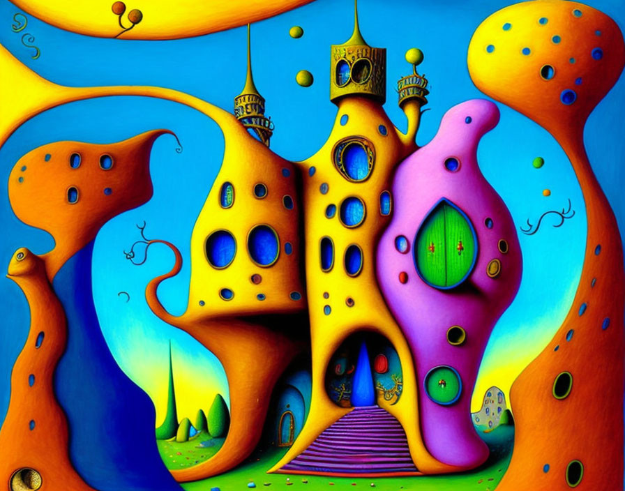 Colorful surreal painting of blobby buildings against yellow sky