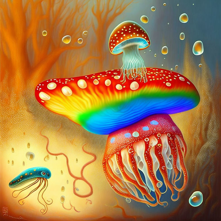 Colorful Bioluminescent Jellyfish-like Creatures with Mushroom Caps Underwater