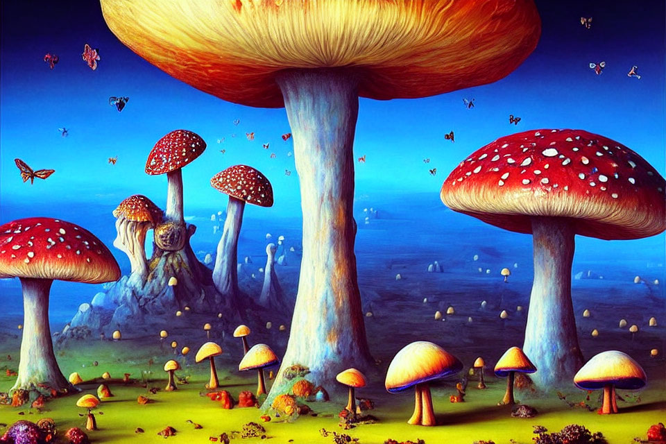 Colorful Fantasy Landscape with Red-Capped Mushrooms and Butterflies