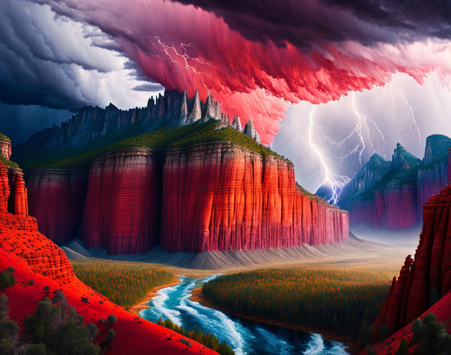 Vibrant red rock formations in fantastical landscape with dramatic sky and lush forest