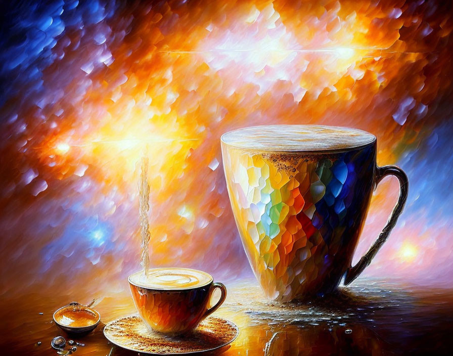 Colorful Impressionistic Painting of Steaming Coffee Cup