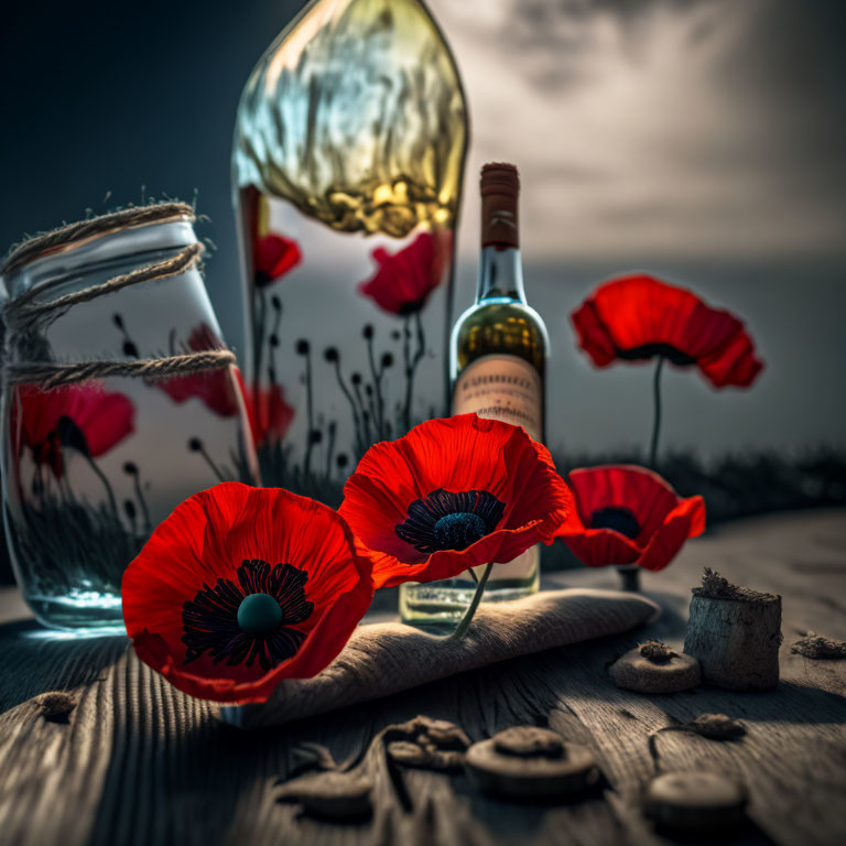 Vibrant red poppies, clear bottle, jar, cookies on moody sky backdrop