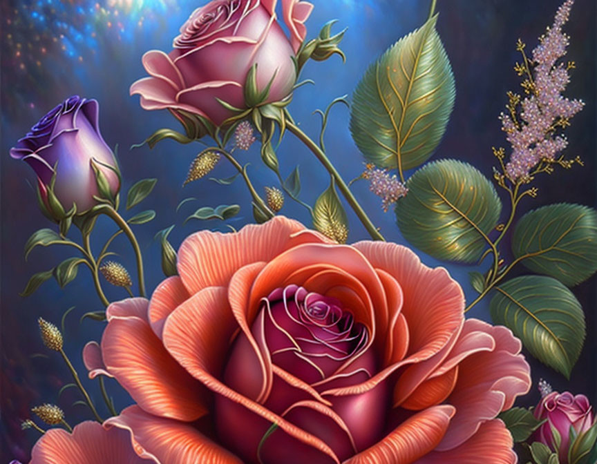 Colorful digital art: Vibrant pink and purple roses with cosmic background