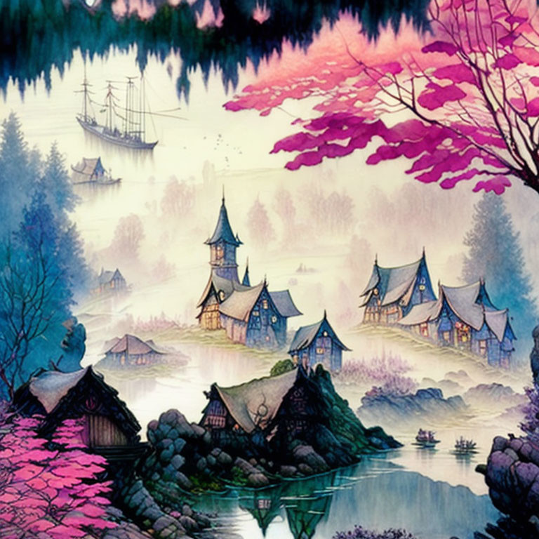 Enchanting village scene with pink foliage, river, and magical sky