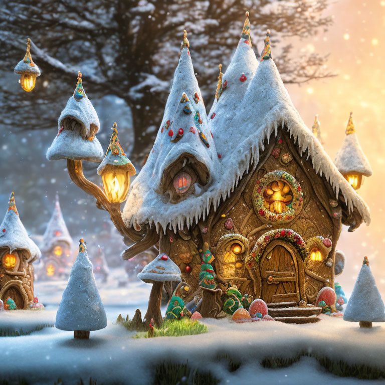 Snow-covered fairy-tale cottages in a whimsical winter scene