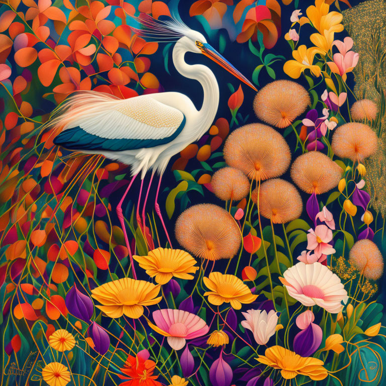 Colorful Egret Amid Stylized Flowers and Plants