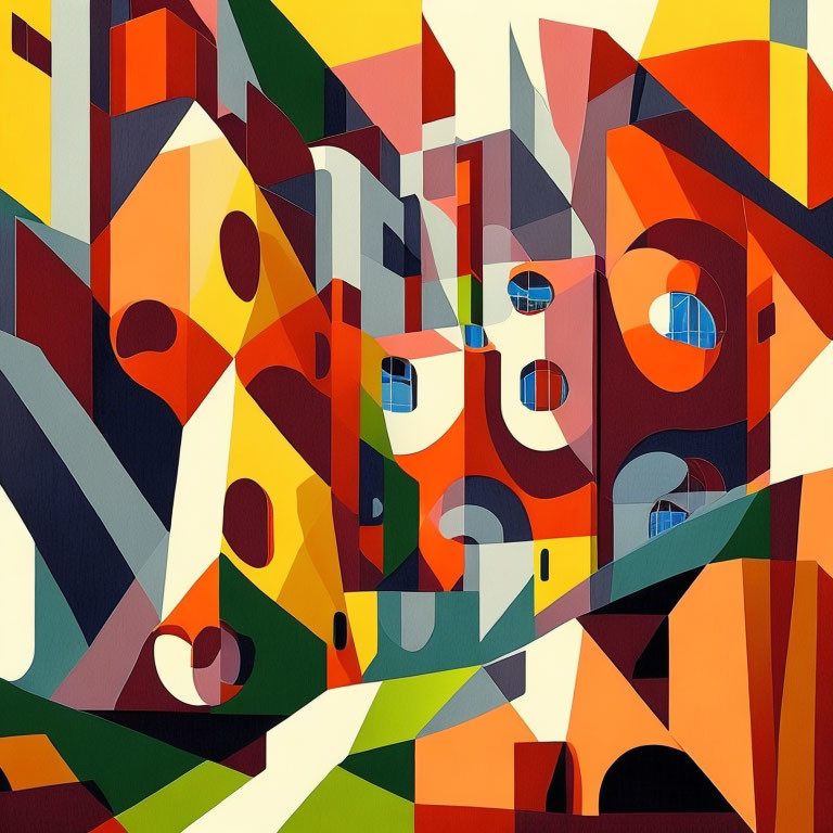 Colorful abstract geometric painting with bold shapes in orange, yellow, red, green, and blue circles