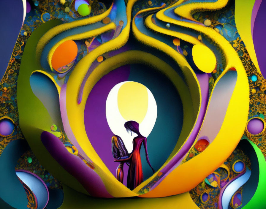 Silhouetted figures in vibrant abstract swirls with bright circular light