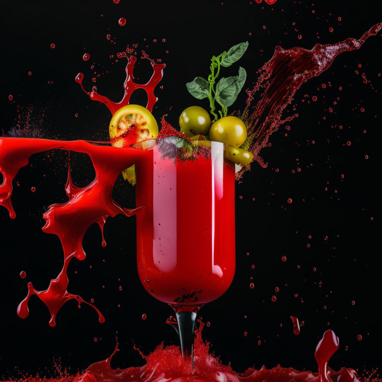 Colorful Bloody Mary Cocktail with Lemon, Olives, and Mint on Dark Background