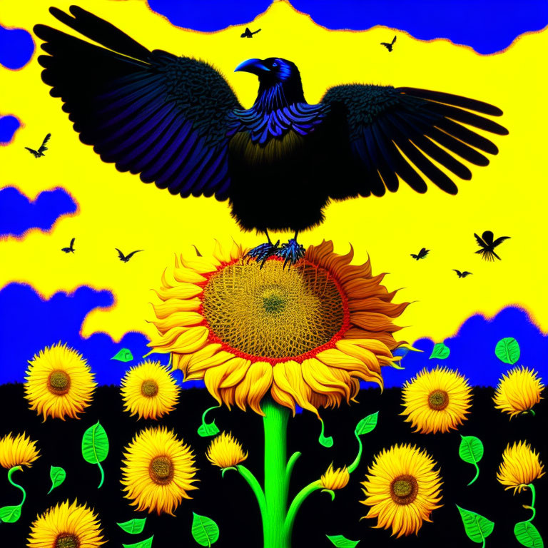 Stylized black bird on sunflower with blue sky