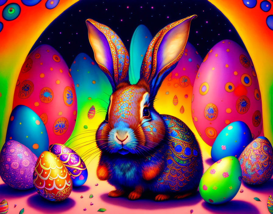 Colorful Rabbit with Easter Eggs on Psychedelic Background
