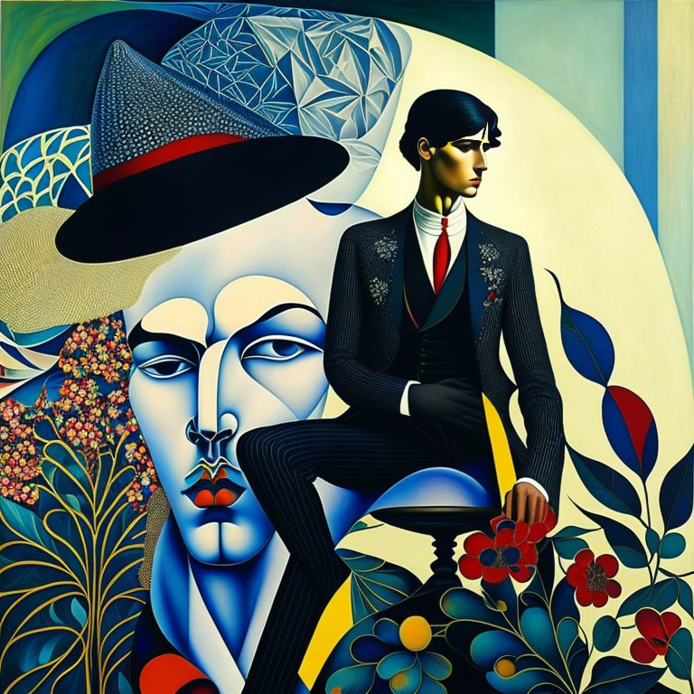 Geometric-patterned painting with man in black suit and blue face