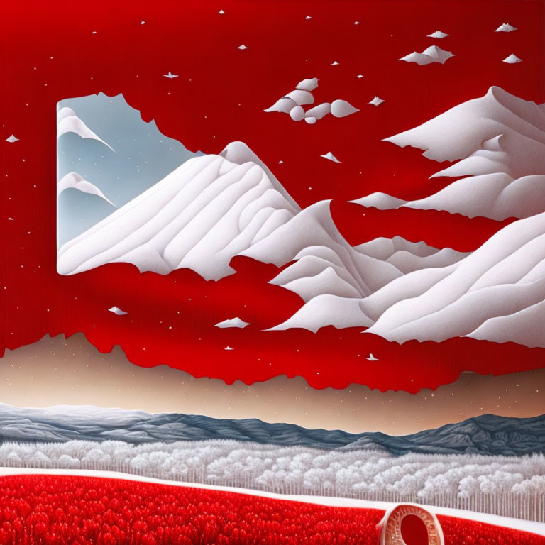 Surrealist landscape with red sky, paper cutout hills, sky tear, and small bridge