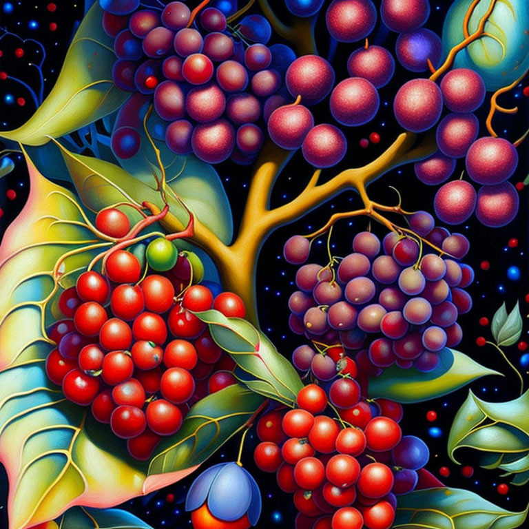 Colorful digital art: Red and purple berries with green leaves on a starry backdrop