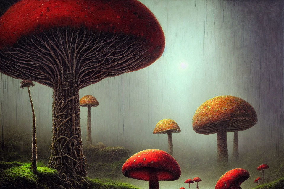 Misty forest scene with giant mushroom-like structures