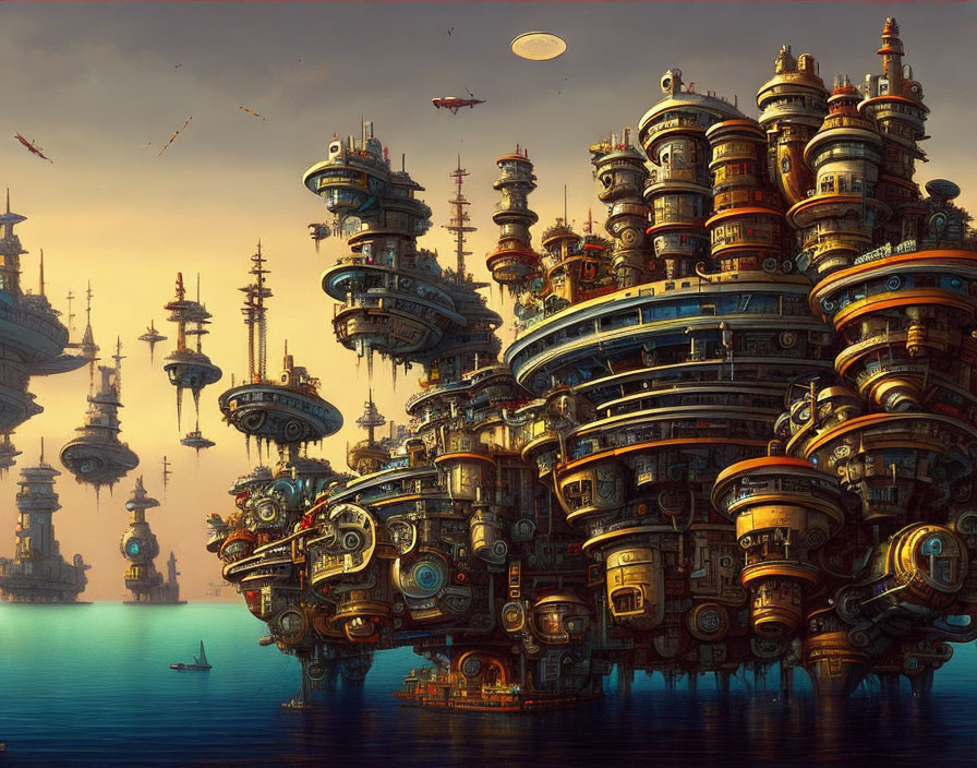 Futuristic cityscape with circular structures and airships at sunset