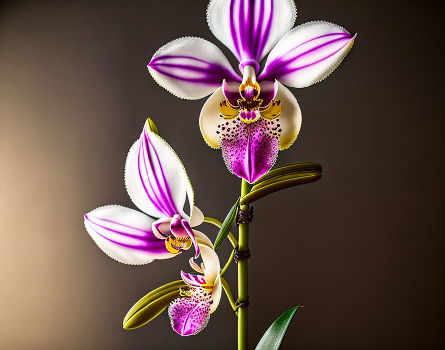 Three vibrant purple and white orchid flowers on a stem with green leaves against a gradient brown background