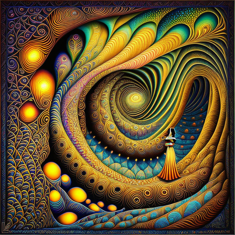 Abstract Art: Spiraling Blue and Gold Patterns with Glowing Orbs