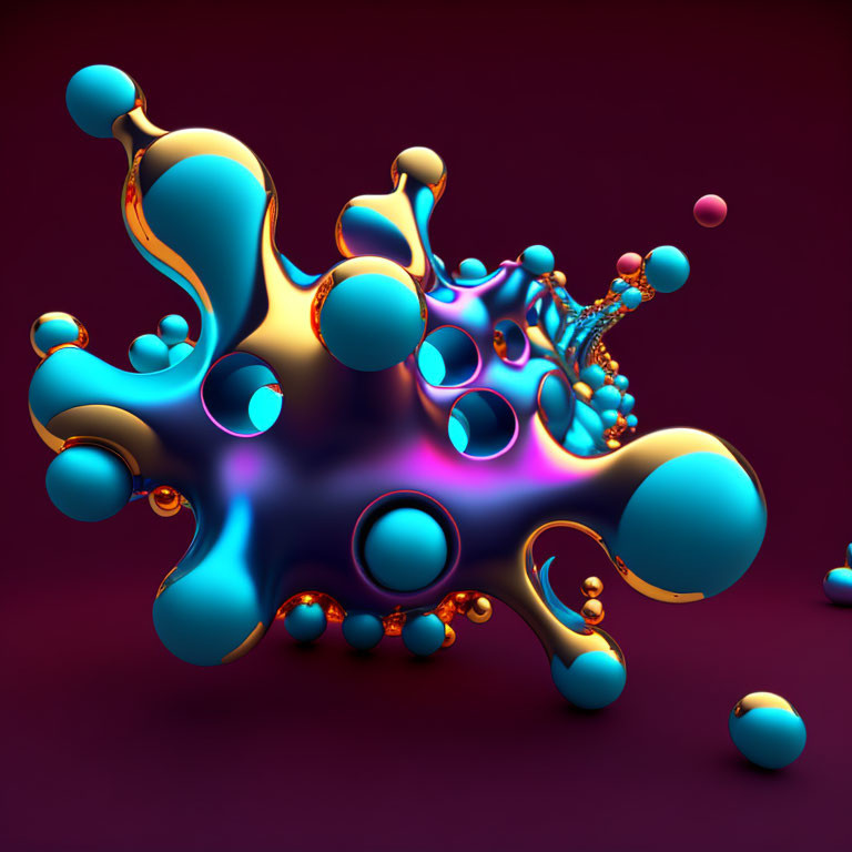 Colorful Abstract 3D Render of Glossy Blob Shapes on Purple Background