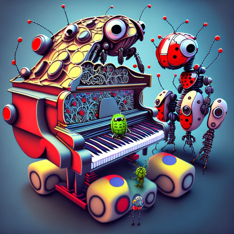 Colorful 3D illustration: Robotic ladybugs play with adorned grand piano