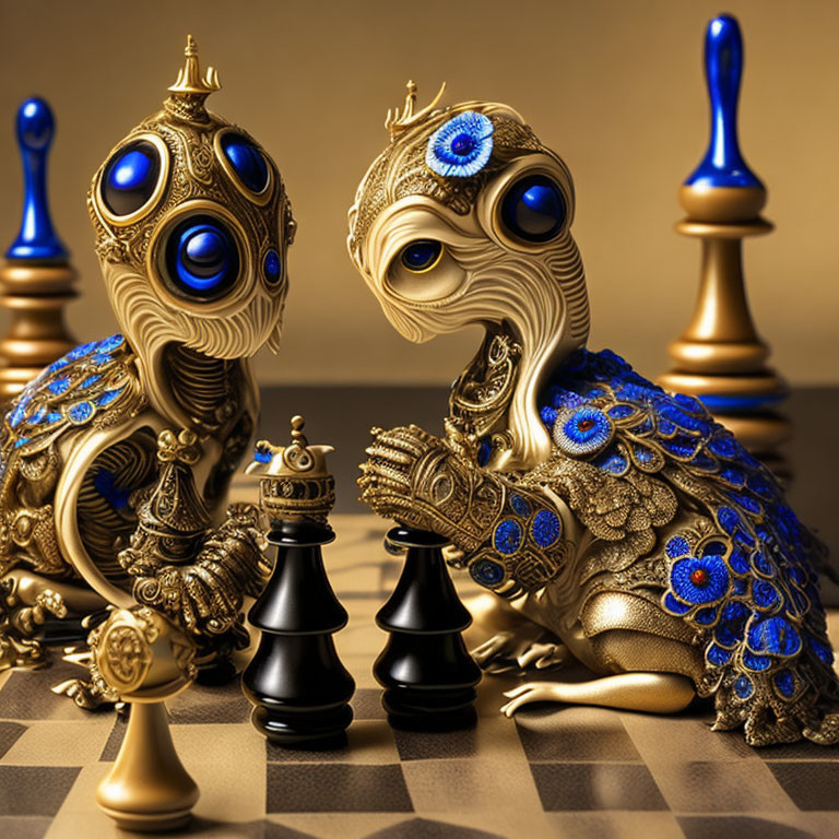 Peacock-themed King and Queen chess pieces with gold and blue jewels on board.