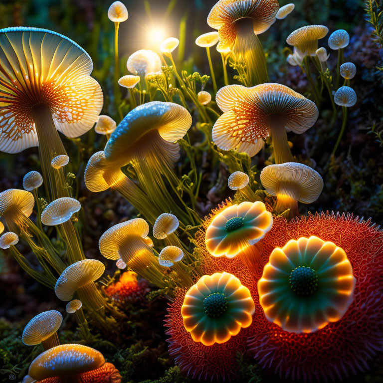 Intricate Bioluminescent Mushrooms Among Moss and Vegetation