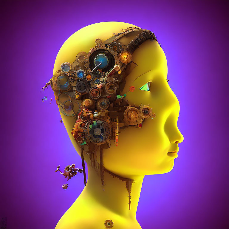 Steampunk-inspired humanoid profile with mechanical brain gears on purple background