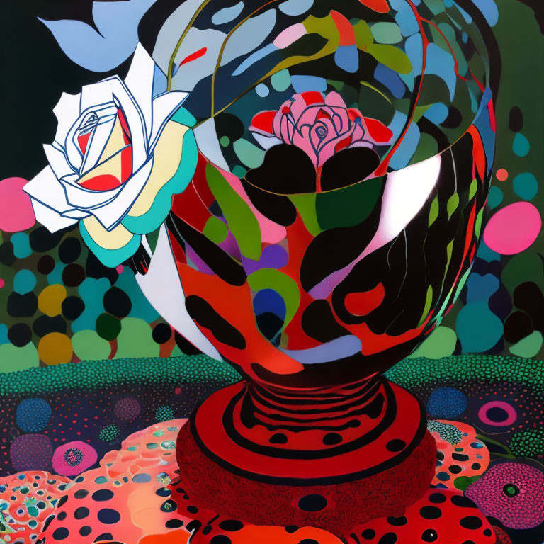 Vase with stylized flowers on colorful abstract painting