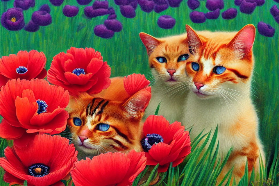 Orange Tabby Cats Among Red Poppies and Purple Flowers