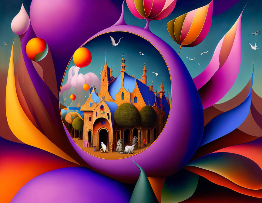 Whimsical castle in surreal landscape with colorful patterns