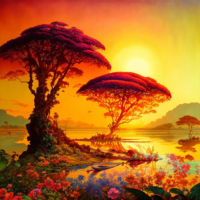 Surreal sunset landscape with vibrant trees and tranquil water