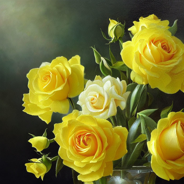 Yellow Roses Bouquet in Clear Vase on Blurred Background