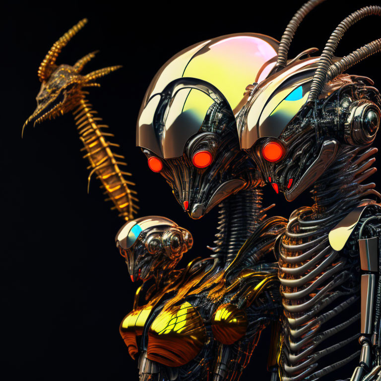 Three metallic robotic figures on dark background