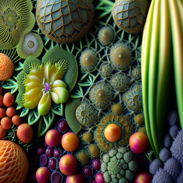 Colorful digital artwork featuring textured spheres and botanical motifs