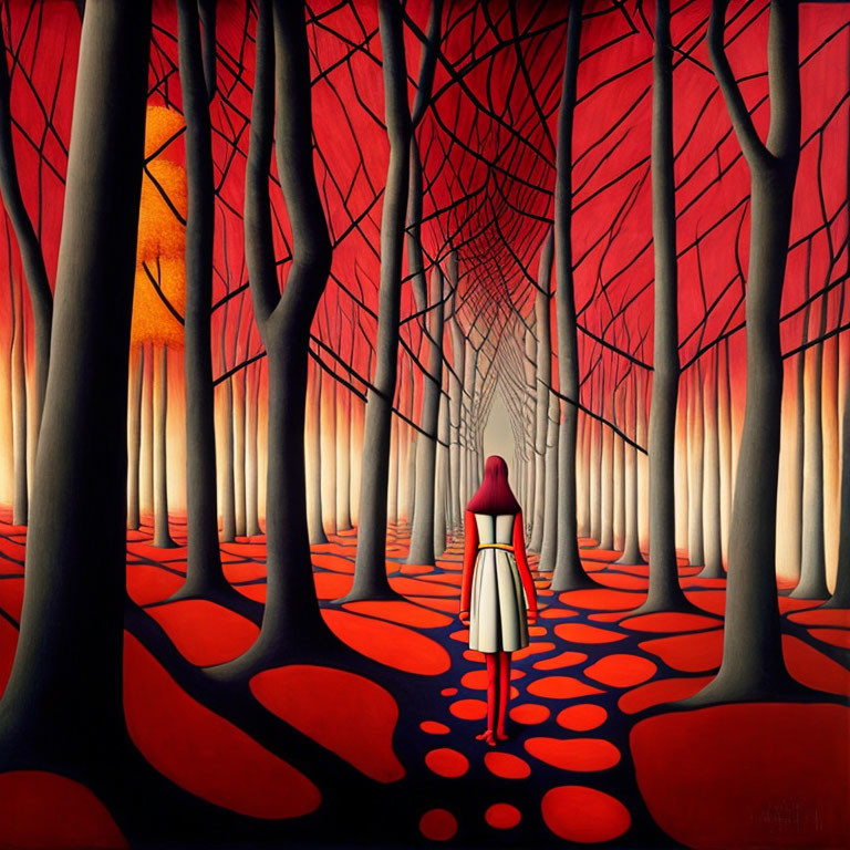 Solitary Figure in Red Hooded Cape in Abstract Geometric Forest