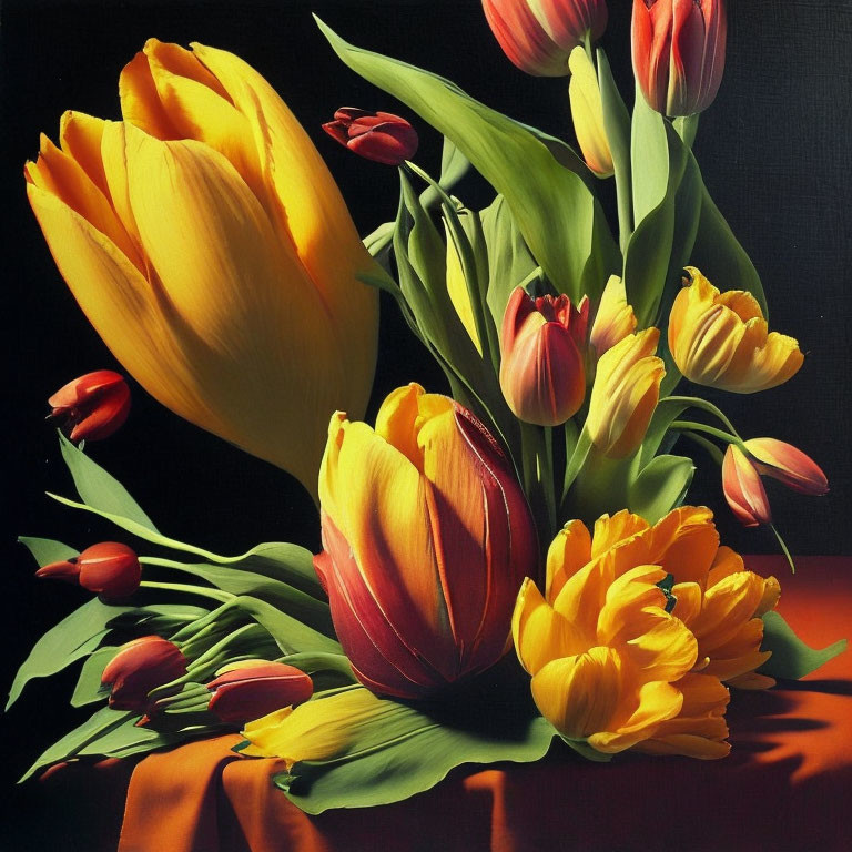 Colorful Tulips Still-Life Against Dark Background