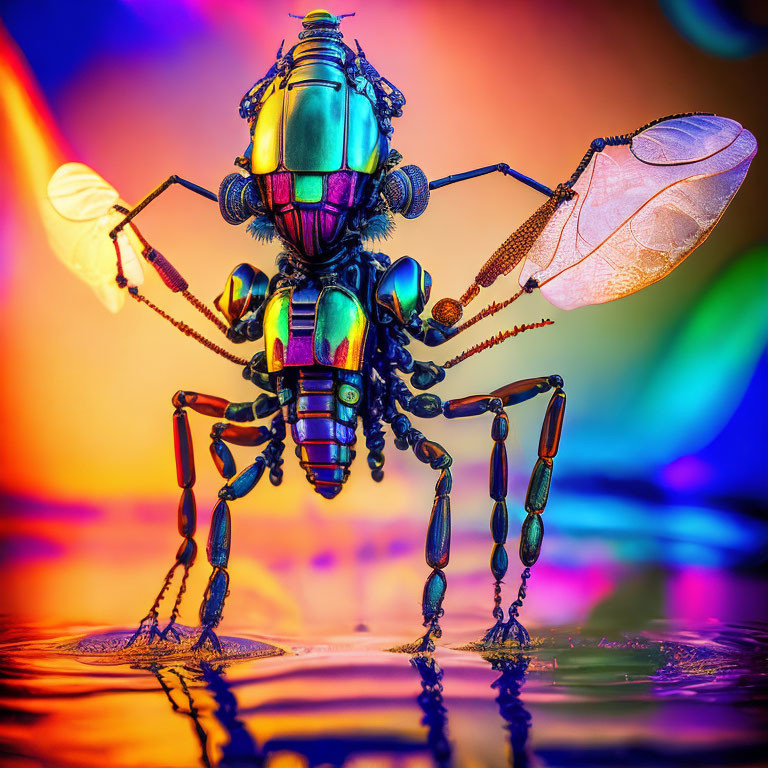 Colorful Mechanical Insect on Reflective Surface Against Vibrant Background