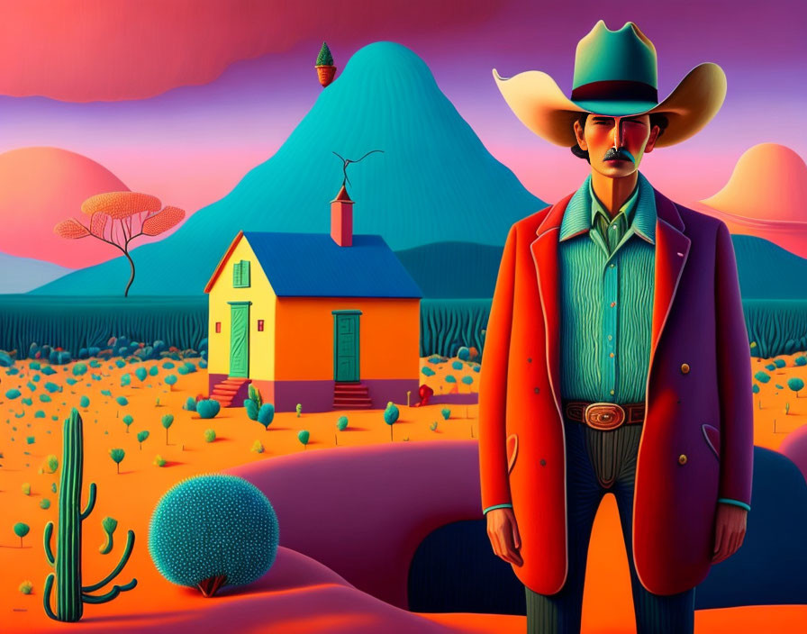 Cowboy illustration in surreal desert landscape with cacti and mountains