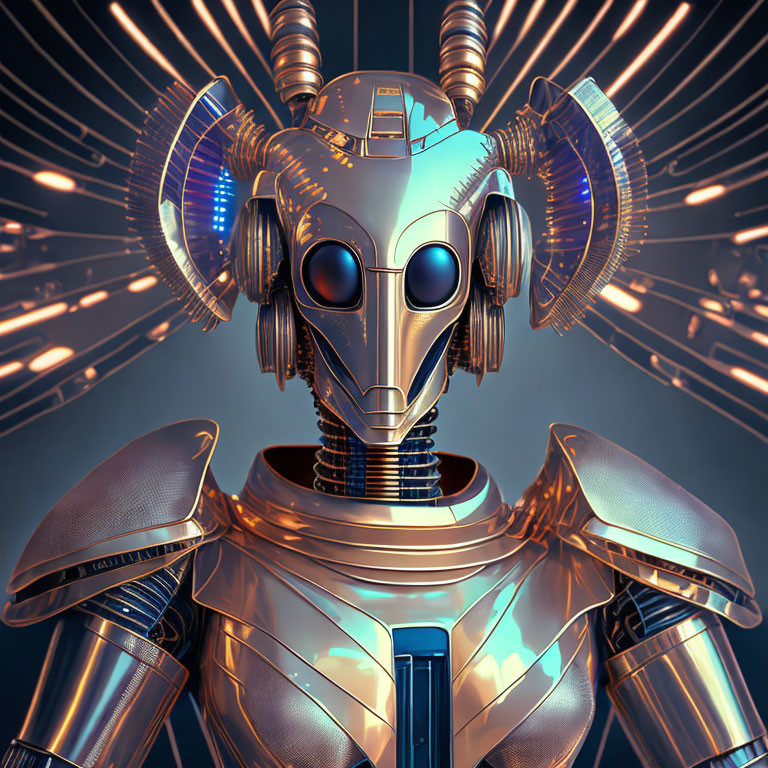 Sophisticated metallic robot with intricate armor and round eyes in futuristic setting