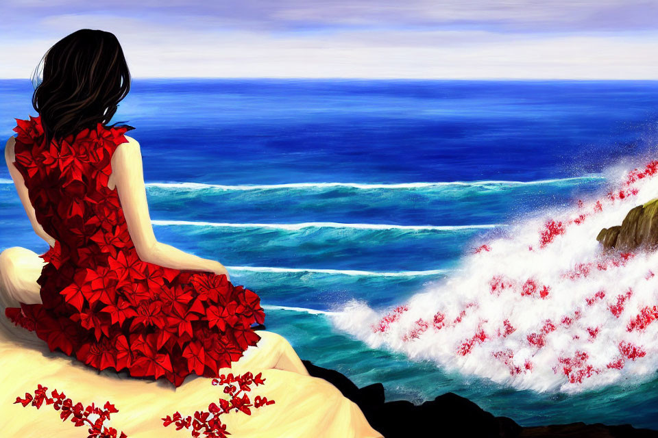 Woman in red floral dress gazes at blue sea on cliff with crashing waves.