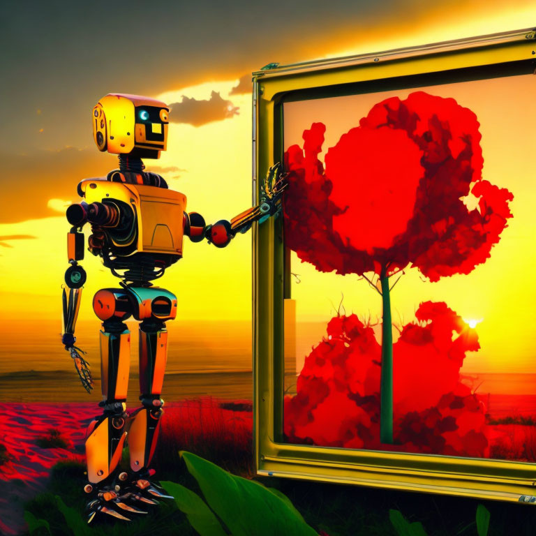 Robot painting red tree on canvas at sunset