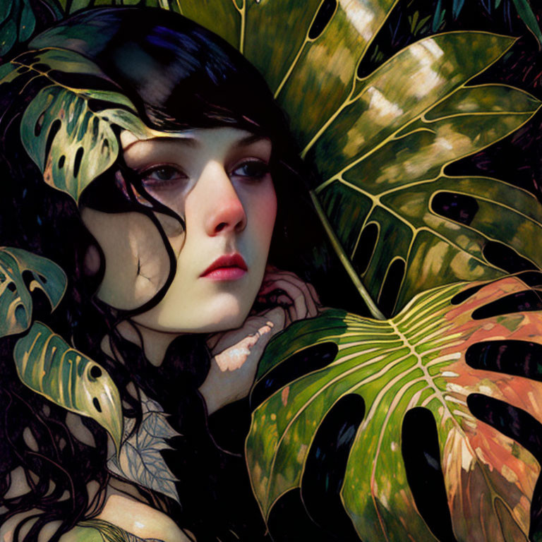 Dark-haired woman obscured by green monstera leaves in digital painting