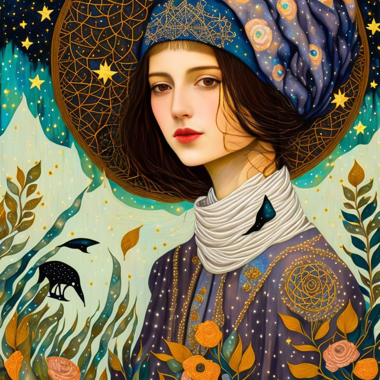 Celestial-themed woman illustration with gold flora and fauna