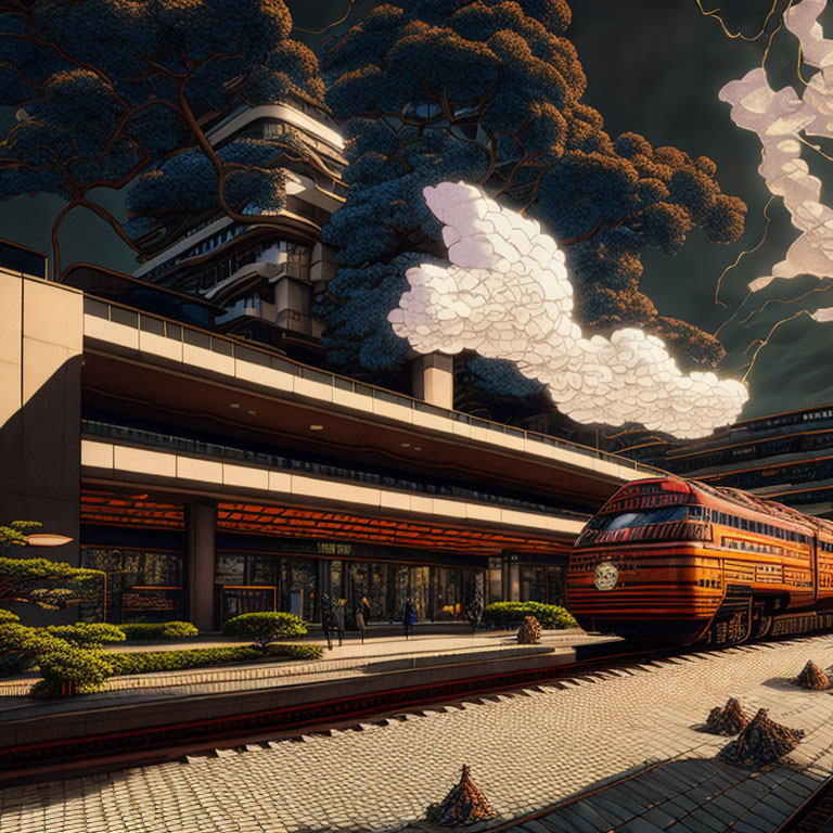 Red Train Arriving at Futuristic Station with Multi-Tiered Building