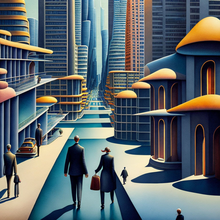 Vibrant futuristic cityscape with exaggerated perspectives and retro-styled figures