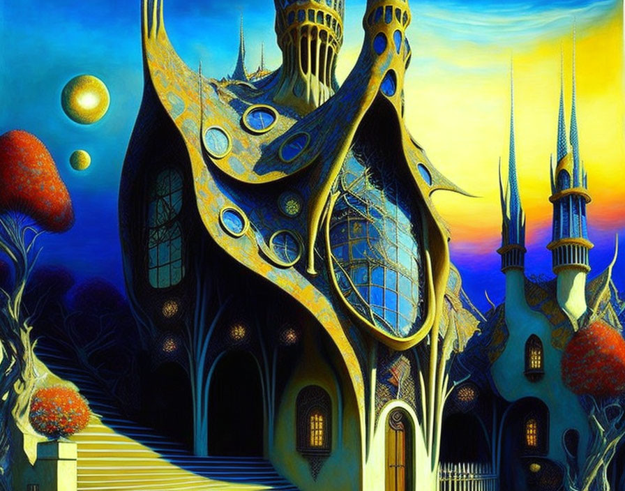 Surreal painting: Fantastical building with organic shapes and giant mushroom-like structures