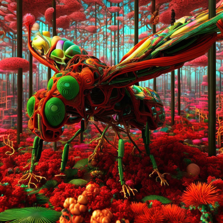 Colorful 3D surreal artwork: multicolored insect in red forest